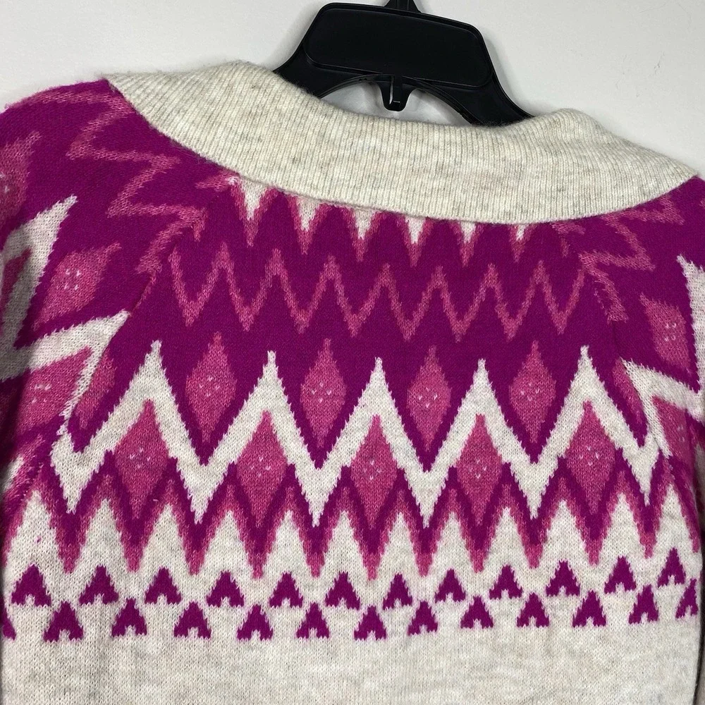 CeCe Women's Medium Collared‎ Fair Isle Sweater Beige/Magenta Long Flare Sleeve